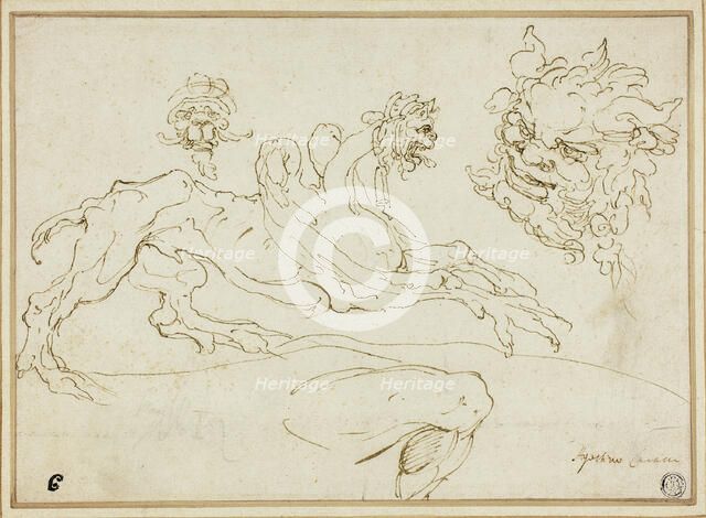 Four Sketches: Griffin, Grotesque Head, Head of Satyr, Bent Leg, 1590/94. Creator: Agostino Carracci.