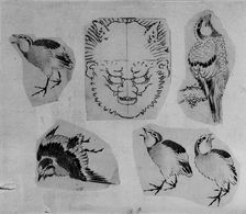 Four sketches of birds and one design for a grotesque mask, mounted together, 18th-19th century. Creator: School of Katsushika Hokusai