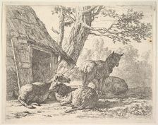 Four sheep, one sheep stands among three others lying on the ground next to a shed with th..., 1658. Creator: Karel Du Jardin