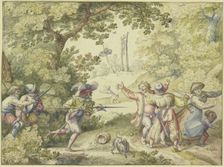 Four soldiers attacking peasants going to market, a wheel and gallows..., 16th-17th century. Creators: Jacob Savery I, Jacob Savery II