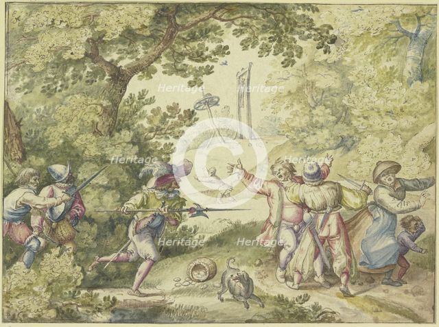 Four soldiers attacking peasants going to market, a wheel and gallows..., 16th-17th century. Creators: Jacob Savery I, Jacob Savery II.