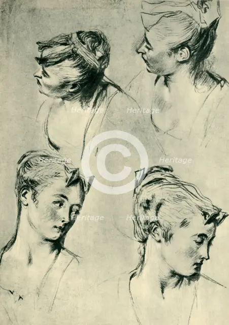 Four studies of female heads, early 18th century, (1943). Creator: Jean-Antoine Watteau.