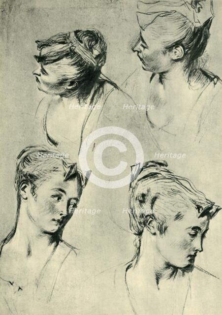 Four studies of female heads, early 18th century, (1943). Creator: Jean-Antoine Watteau.