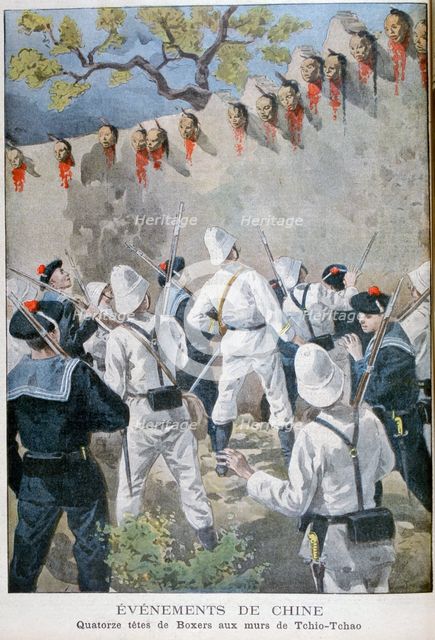 Fourteen heads of Boxers on the walls of Tchio-Tchao, China, 1900. Artist: Oswaldo Tofani