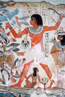 Fowling in the marshes: wall painting from the tomb of Nebamun, Thebes, Egypt, c1350 BC