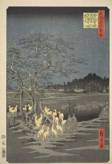 Fox Fires on New Year's Eve at the Changing Tree in Oji (Oji shozoku enoki omisoka no kits..., 1857. Creator: Ando Hiroshige