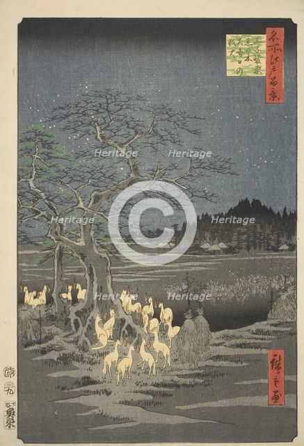 Fox Fires on New Year's Eve at the Changing Tree in Oji (Oji shozoku enoki omisoka no kits..., 1857. Creator: Ando Hiroshige.