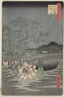 Fox Fires on New Year's Eve at the Changing Tree in Oji (Oji shozoku enoki omisoka no kits..., 1857. Creator: Ando Hiroshige