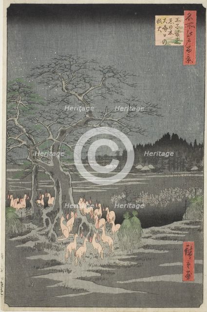 Fox Fires on New Year's Eve at the Changing Tree in Oji (Oji shozoku enoki omisoka no kits..., 1857. Creator: Ando Hiroshige.