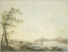 Foggy morning by a river, seven cows on the bank, some standing in the water, 1803. Creator: Abraham Teerlink