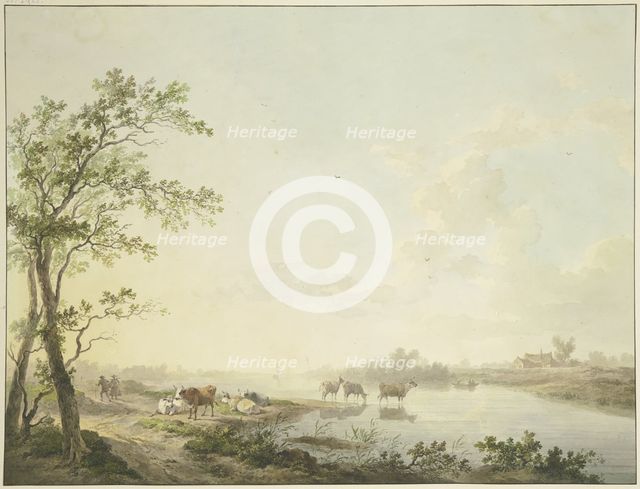 Foggy morning by a river, seven cows on the bank, some standing in the water, 1803. Creator: Abraham Teerlink.