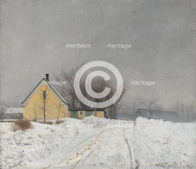 Foggy Winter Day. To the Left a Yellow House. Deep Snow.1910. Creator: Laurits Andersen Ring.