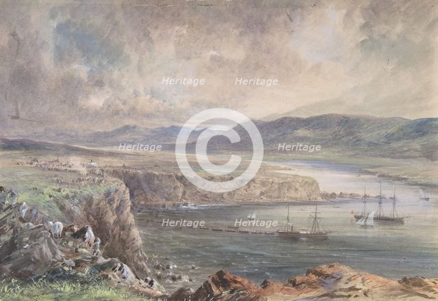 Foilhummerum Bay, Valentia, Looking from Cromwell Fort: The Caroline and Boats..., 1865-66. Creator: Robert Charles Dudley.