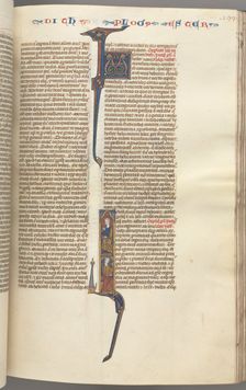 Fol. 199r, Esther, historiated initial, two seated male figures, c. 1275-1300. Creator: Unknown