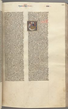 Fol. 123r, Kings III, historiated initial E, an attendant bringing Abishag to David..., c. 1275-1300 Creator: Unknown