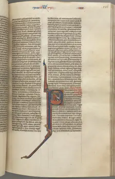 Fol. 136r, Kings IV, historiated initial P, Ahaziah falling from a tower, c. 1275-1300. Creator: Unknown