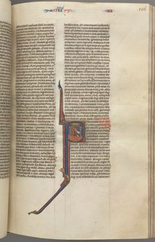 Fol. 136r, Kings IV, historiated initial P, Ahaziah falling from a tower, c. 1275-1300. Creator: Unknown