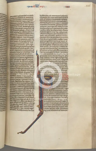 Fol. 136r, Kings IV, historiated initial P, Ahaziah falling from a tower, c. 1275-1300. Creator: Unknown.