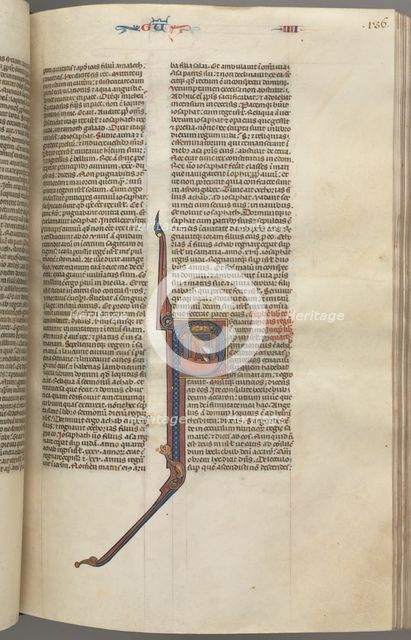 Fol. 136r, Kings IV, historiated initial P, Ahaziah falling from a tower, c. 1275-1300. Creator: Unknown.