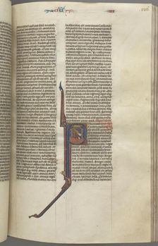 Fol. 136r, Kings IV, historiated initial P, Ahaziah falling from a tower, c. 1275-1300. Creator: Unknown