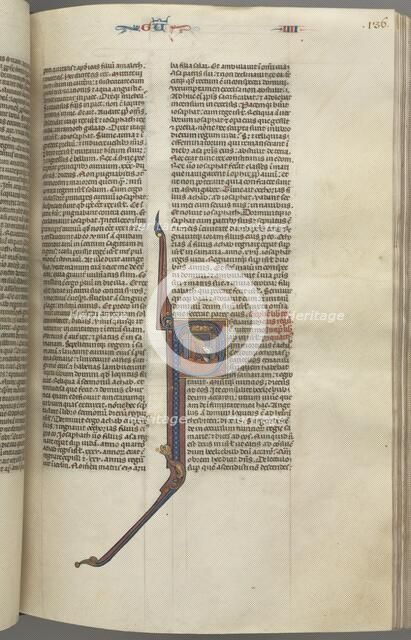 Fol. 136r, Kings IV, historiated initial P, Ahaziah falling from a tower, c. 1275-1300. Creator: Unknown.