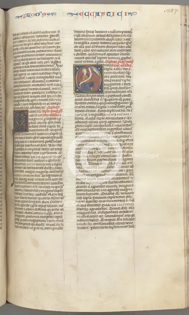 Fol. 257r, Ecclesiasticus, historiated initial O, Sirach seated with a scroll, bust of God above, c. Creator: Unknown.