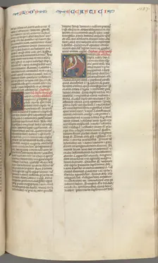 Fol. 257r, Ecclesiasticus, historiated initial O, Sirach seated with a scroll, bust of God above, c. Creator: Unknown