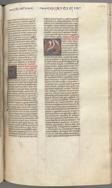 Fol. 257r, Ecclesiasticus, historiated initial O, Sirach seated with a scroll, bust of God above, c. Creator: Unknown