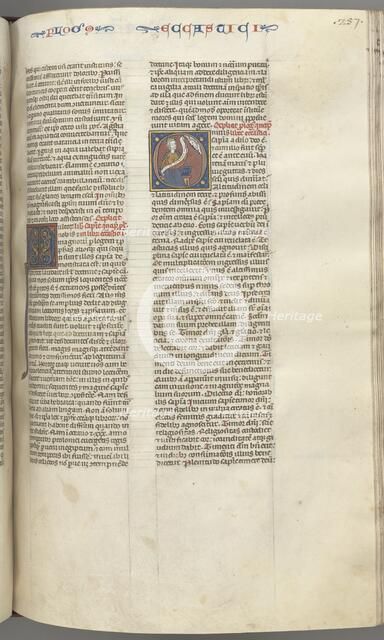Fol. 257r, Ecclesiasticus, historiated initial O, Sirach seated with a scroll, bust of God above, c. Creator: Unknown.