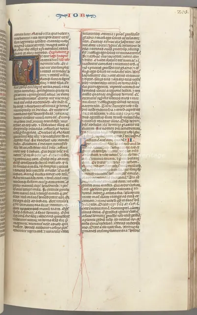Fol. 205r, Job, historiated initial V, Job on the dungheap given a gold earring…, c. 1275-1300. Creator: Unknown.