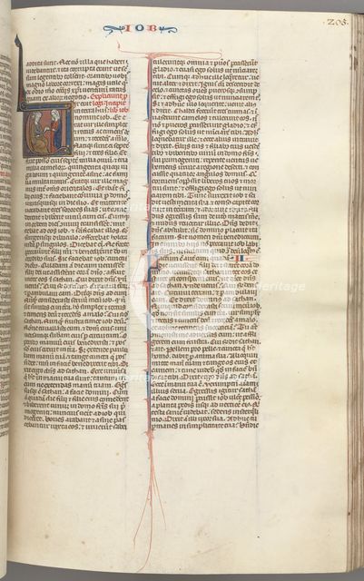 Fol. 205r, Job, historiated initial V, Job on the dungheap given a gold earring…, c. 1275-1300. Creator: Unknown.