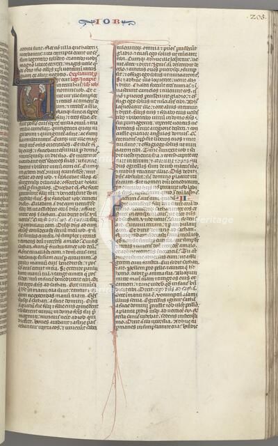 Fol. 205r, Job, historiated initial V, Job on the dungheap given a gold earring…, c. 1275-1300. Creator: Unknown.