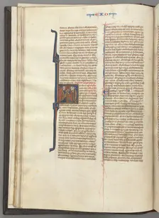 Fol. 20v, Exodus, historiated initial H, Moses and two followers with the tablets of the law, c. 127 Creator: Unknown