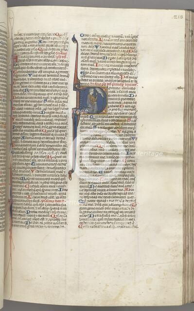 Fol. 218r, Psalm 26, historiated initial D, David kneeling pointing to his eyes, the bust of God..., Creator: Unknown.