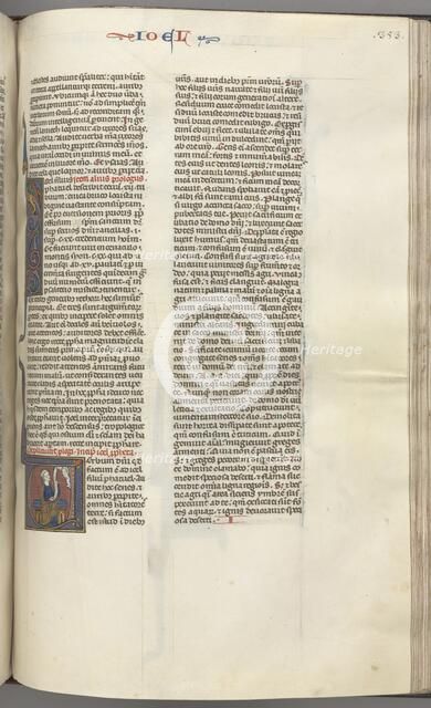 Fol. 353r, Joel, historiated initial V, Joel seated with a scroll, bust of God above, c. 1275-1300. Creator: Unknown.