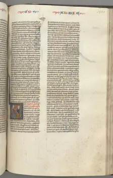 Fol. 357r, Obadiah, historiated initial V, Obadiah and a Jew in discussion, c. 1275-1300. Creator: Unknown
