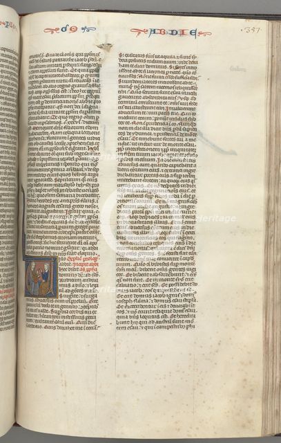 Fol. 357r, Obadiah, historiated initial V, Obadiah and a Jew in discussion, c. 1275-1300. Creator: Unknown.