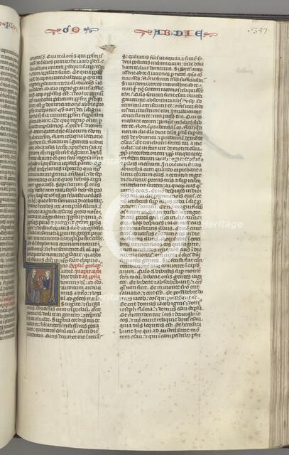 Fol. 357r, Obadiah, historiated initial V, Obadiah and a Jew in discussion, c. 1275-1300. Creator: Unknown.