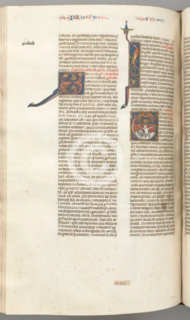Fol. 357v, Jonah, historiated initial E, Jonah swallowed by the whale, a walled city above, c. 1275- Creator: Unknown.