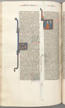 Fol. 354v, Amos, historiated initial V, Amos kneeling in prayer, bust of God above, c. 1275-1300. Creator: Unknown