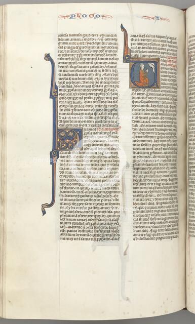 Fol. 354v, Amos, historiated initial V, Amos kneeling in prayer, bust of God above, c. 1275-1300. Creator: Unknown.