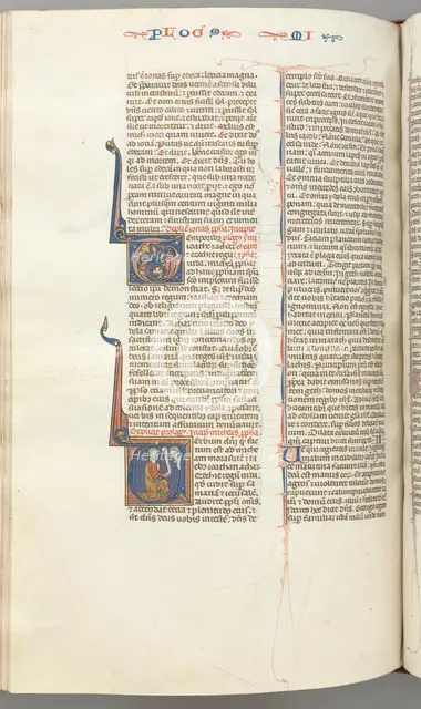 Fol. 358v, Micah, historiated initial V, Micah kneeling, bust of God above, c. 1275-1300. Creator: Unknown.