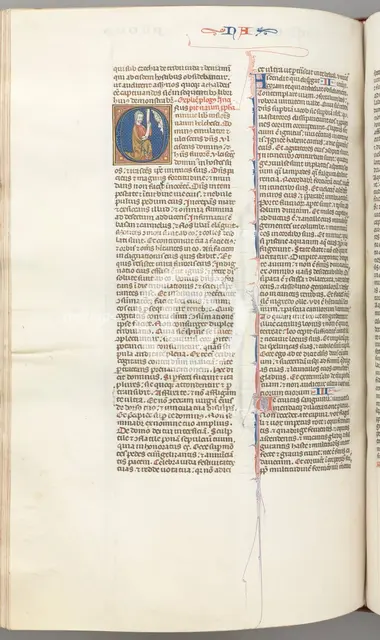 Fol. 360v, Nahum, historiated initial O, Nahum kneeling with a scroll, bust of God above, c. 1275-13 Creator: Unknown.