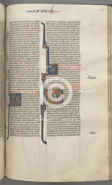 Fol. 317r, Baruch, historiated initial H, Baruch seated at a desk writing on a scroll, c. 1275-1300. Creator: Unknown.
