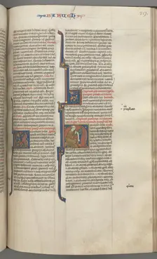 Fol. 317r, Baruch, historiated initial H, Baruch seated at a desk writing on a scroll, c. 1275-1300. Creator: Unknown