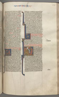 Fol. 317r, Baruch, historiated initial H, Baruch seated at a desk writing on a scroll, c. 1275-1300. Creator: Unknown