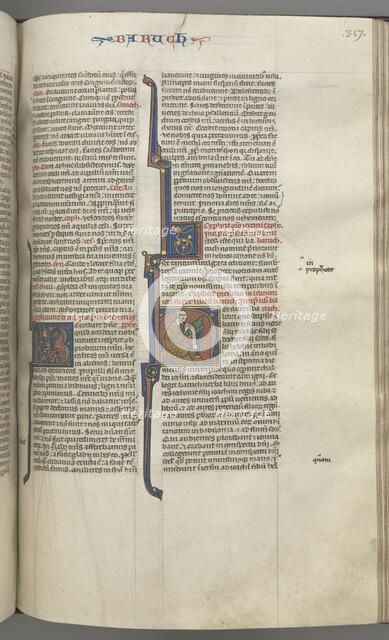Fol. 317r, Baruch, historiated initial H, Baruch seated at a desk writing on a scroll, c. 1275-1300. Creator: Unknown.