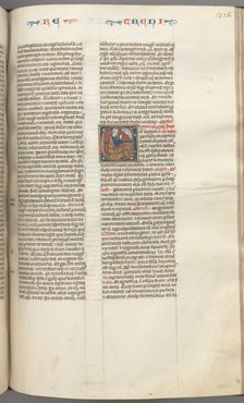 Fol. 315r, Lamentations, historiated initial E, a kneeling Jeremiah praying to a bust of God, c. 127 Creator: Unknown