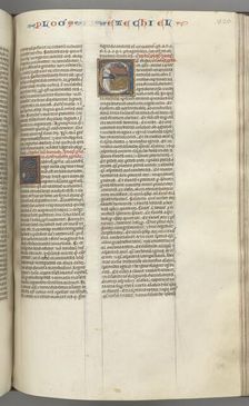 Fol. 320r, Ezechiel, historiated initial E, a sleeping Ezechiel with his vision of the four beasts.. Creator: Unknown