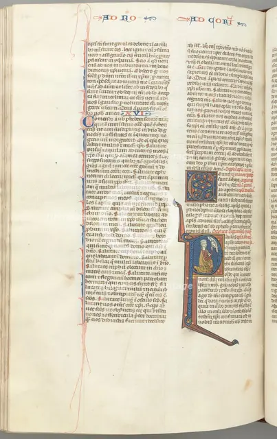 Fol. 440v, Corinthians I, historiated initial P, Paul kneeling talking to the bust of God above, c.  Creator: Unknown.